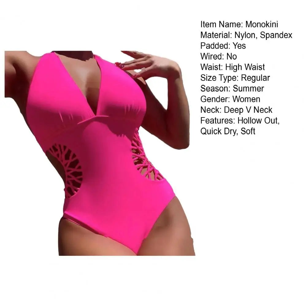 Women Solid Color Deep V Neck Lady Swimsuit Elastic High Waist