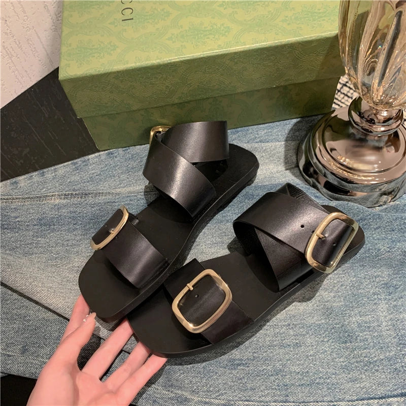 Fashion  Casual Shoes Buckle Flat Heel Cow Split Leather Square Toe Summer Women Sandals