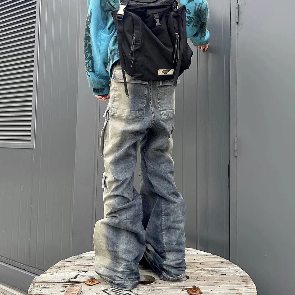 Multi-pockets Drawstring Jeans for Men Harajuku Streetwear Baggy