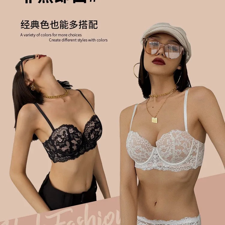 Women Half Cup Push Up Soft Lace Bra with Removable Straps