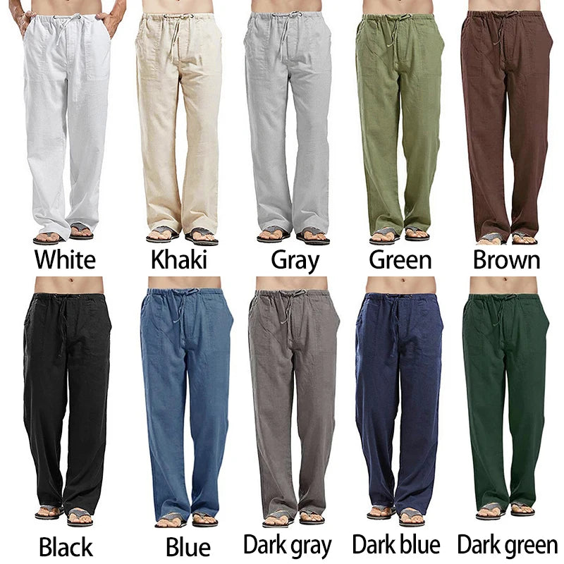 Solid Color Multi-pocket Drawstring Loose Straight Men Pants Comfortable Linen