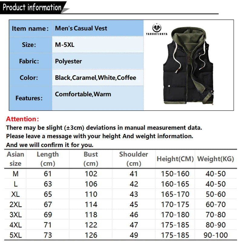 Hots Autumn Winter Men Outdoor Windproof Thick Warm Vest Men Hooded Sleeveless Waistcoat Casual Fashion Zipper Brand Vest Male