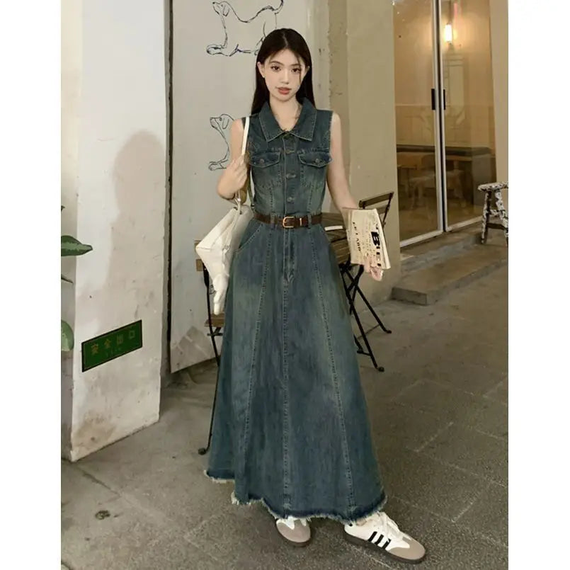 Women's Sleeveless Denim Vest Dress, Long Skirt, Casual Dresses, Summer