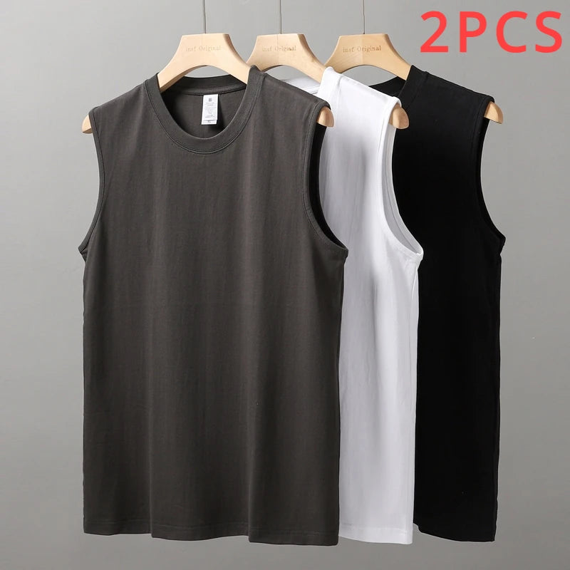 2pcs Solid Color Cotton Men's White Loose Sleeveless T-shirt Basic Models All-match Sports Running Tank Tops