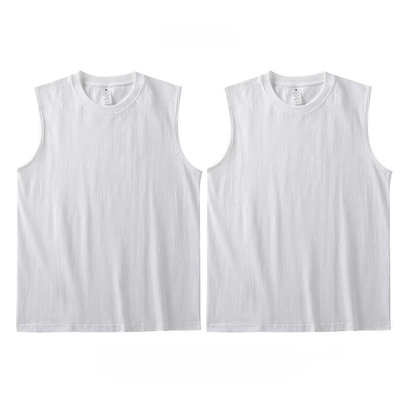 2pcs Solid Color Cotton Men's White Loose Sleeveless T-shirt Basic Models All-match Sports Running Tank Tops