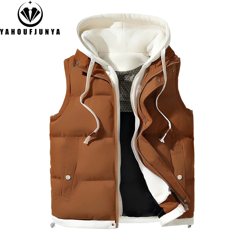 Hots Autumn Winter Men Outdoor Windproof Thick Warm Vest Men Hooded Sleeveless Waistcoat Casual Fashion Zipper Brand Vest Male