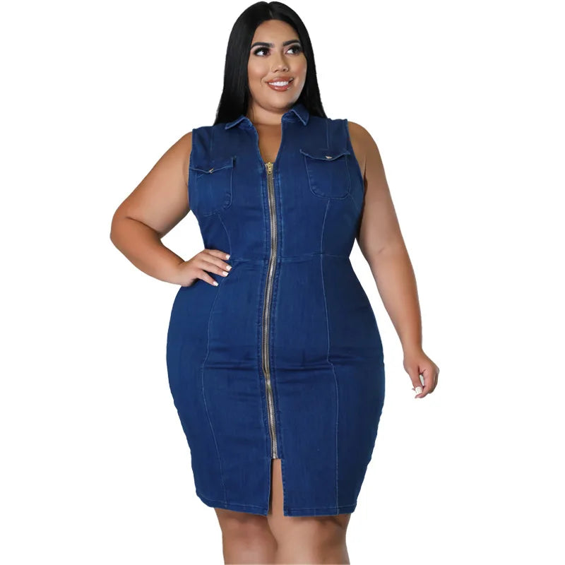 Sleeveless Zipper Denim Dress Plus Size Women Tank Elegant Dresses Fashion Lapel Wholesale Dropshipping