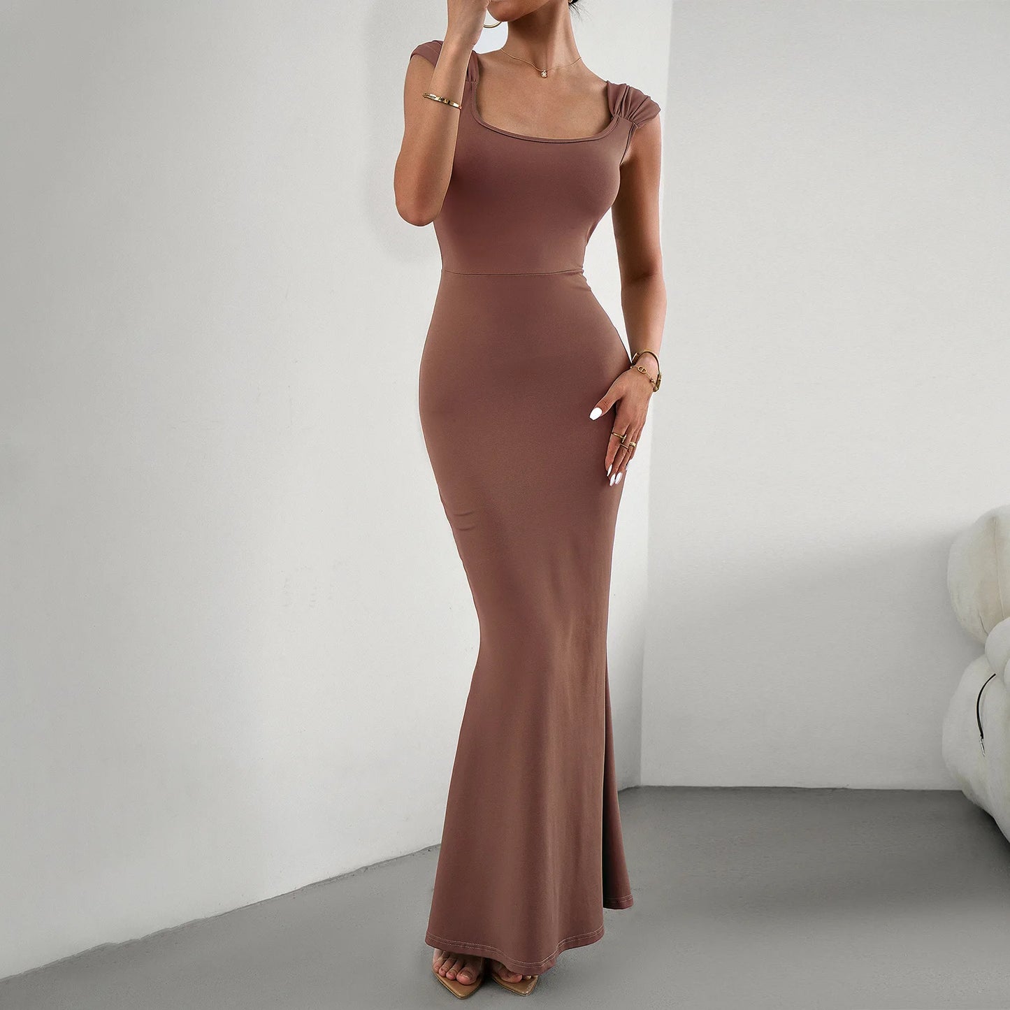 Explosive  Summer Spice Girl Bag Hip Dress For Women Solid Color Squar Neck Slim-fit Dress Lady's Long Bodycon Dress