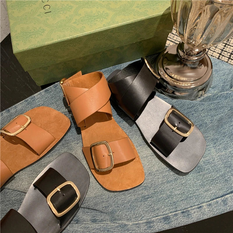 Fashion  Casual Shoes Buckle Flat Heel Cow Split Leather Square Toe Summer Women Sandals