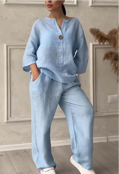 Cotton Linen Shirt Suit Women Casual Solid Color Pocket Pants Female Office 2 Piece Set