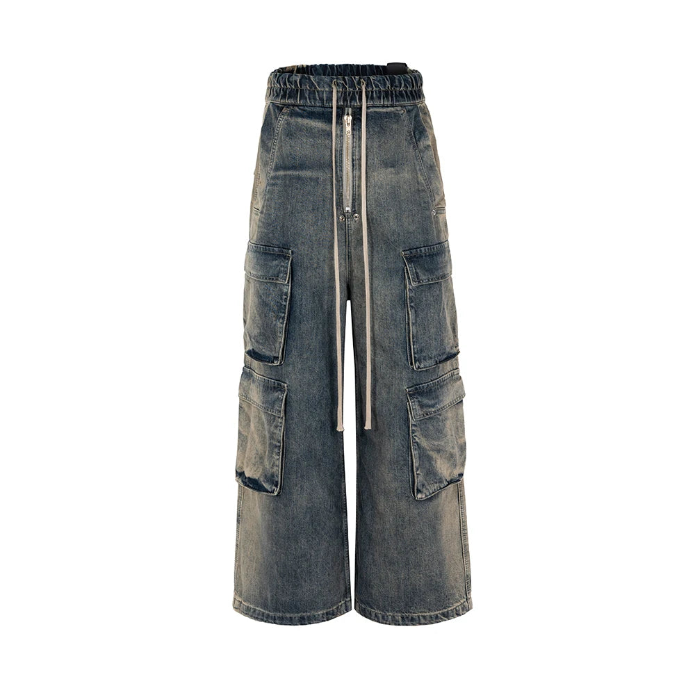 Multi-pockets Drawstring Jeans for Men Harajuku Streetwear Baggy