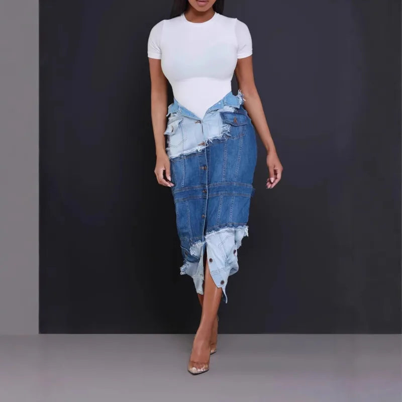 Women's Fashion Denim Patchwork High Waist Contrast Color Skirts Trendy Single Breasted Skirt 2025 Spring New 33A2405