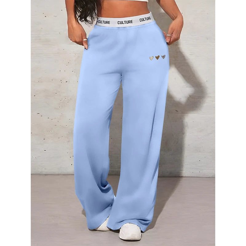 Women's Love Printed Trousers Simple Casual Autumn and Winter Women's Wide Leg Pants Loose and Comfort Female Clothing