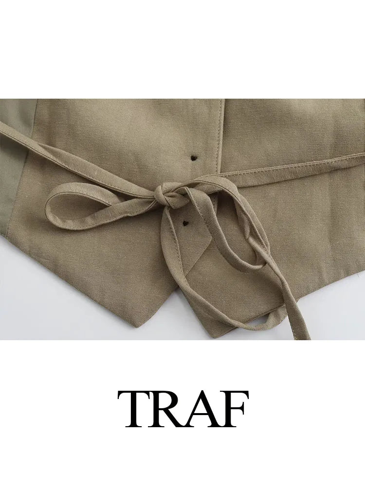 TRAF 2024 Woman Fashion Summer Solid Khaki Suit Turn-Down Collar Sleeveless Lace-Up Waistcoats+High Waist Zipper Skirts Street