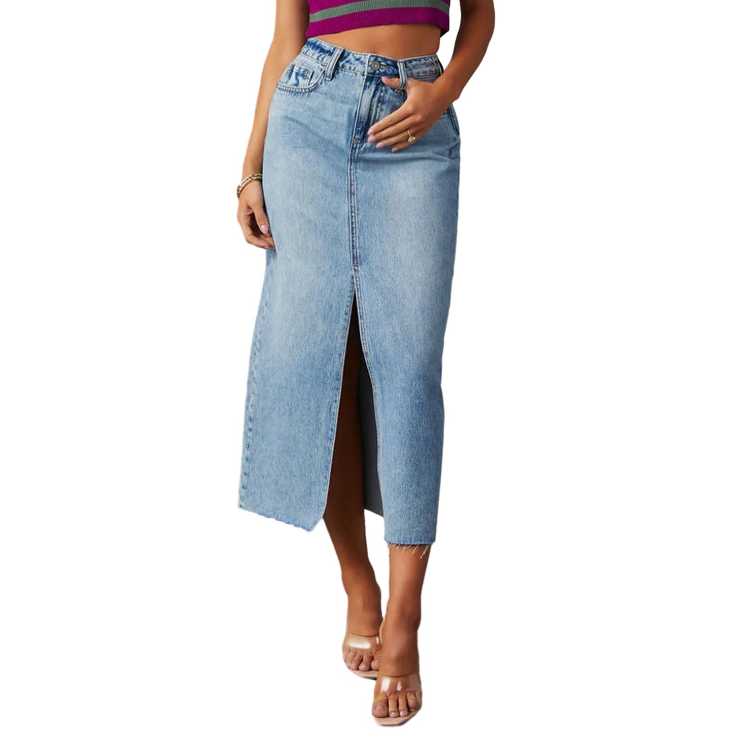 Women High Waist Long Denim Skirt Elegant Slit Raw Hem A-Line Summer Casual Midi Jean Skirts with Pockets