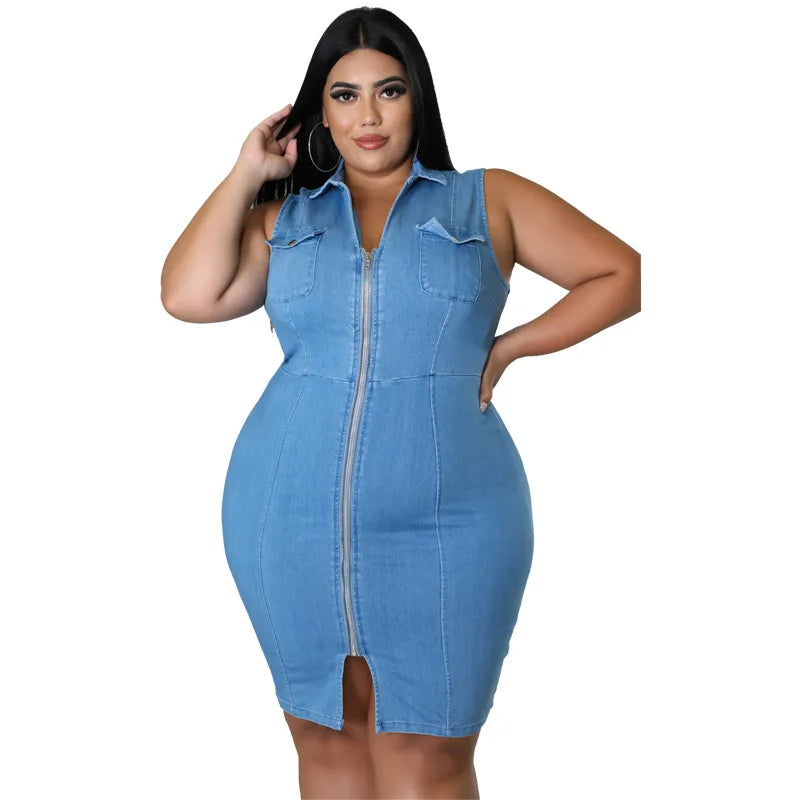 Sleeveless Zipper Denim Dress Plus Size Women Tank Elegant Dresses Fashion Lapel Wholesale Dropshipping