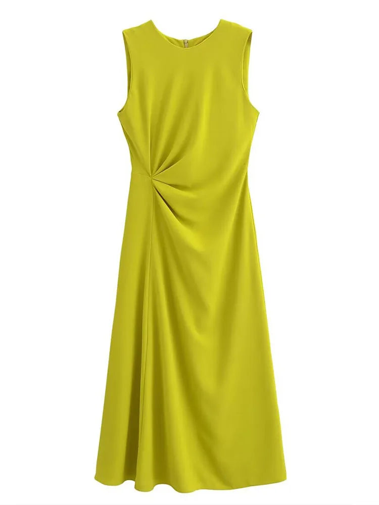 Women Elegant Mustard Sleeveless Midi Dress with Side Gathering Round Neck Back zip Summer Dresses for Female