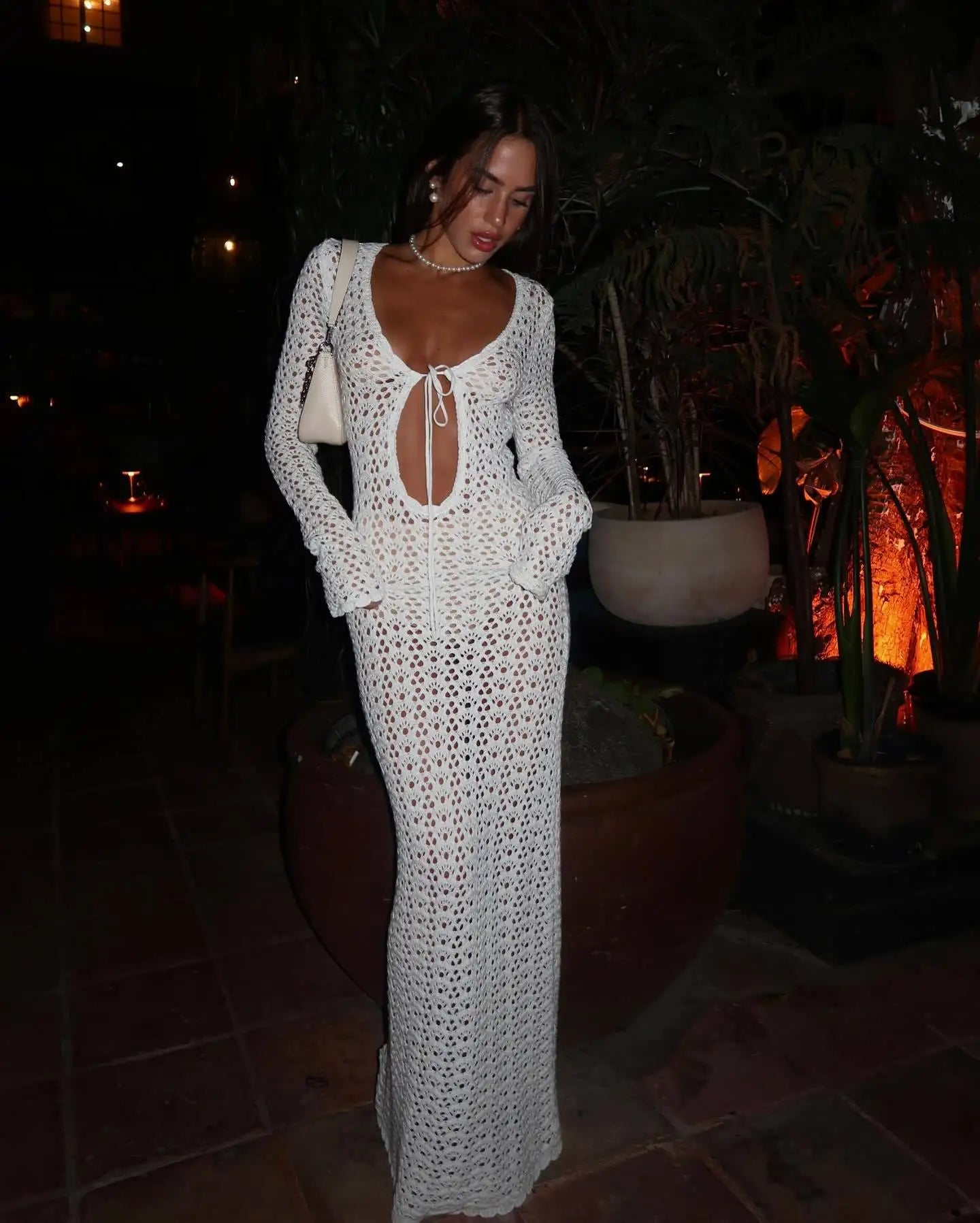 Sexy Cut Out Beachwear Swimsuit Cover Up 2024 Women Summer Autumn Boho White Knit Long Sleeve V Neck Tie Beach Maxi Dress A2970