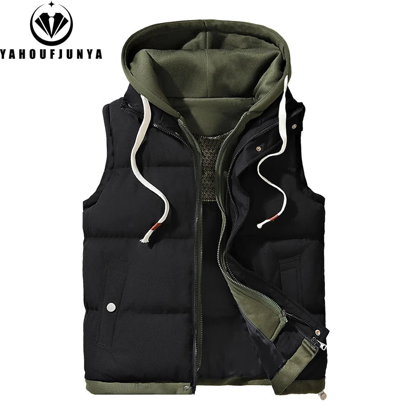 Hots Autumn Winter Men Outdoor Windproof Thick Warm Vest Men Hooded Sleeveless Waistcoat Casual Fashion Zipper Brand Vest Male