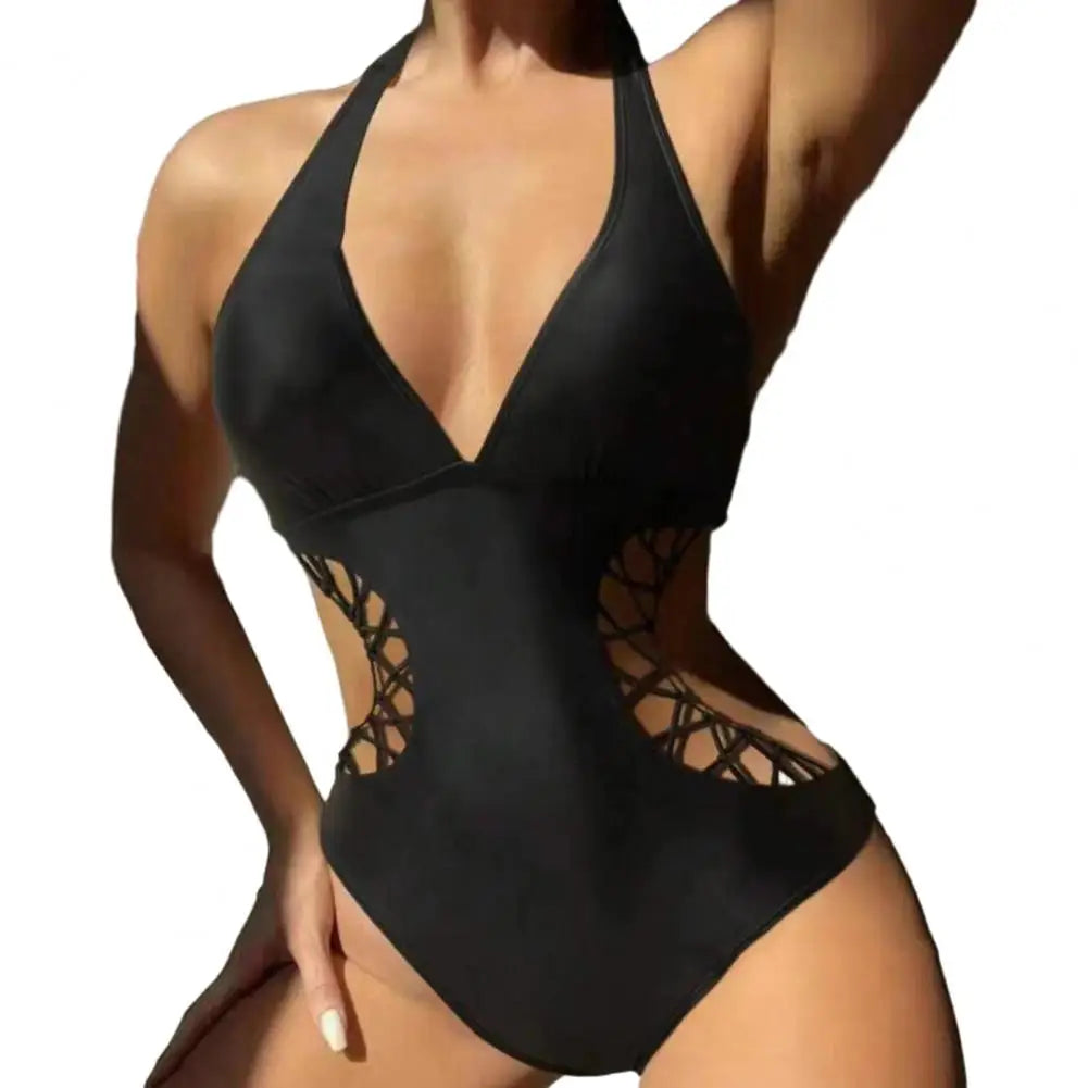 Women Solid Color Deep V Neck Lady Swimsuit Elastic High Waist