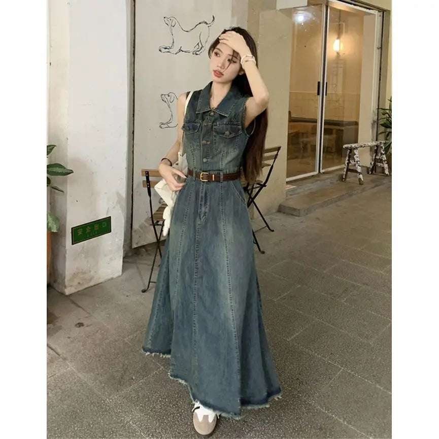 Women's Sleeveless Denim Vest Dress, Long Skirt, Casual Dresses, Summer