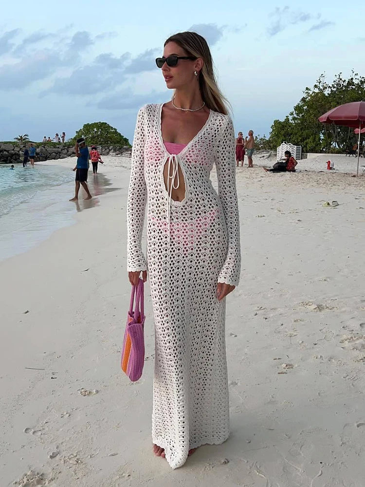 Sexy Cut Out Beachwear Swimsuit Cover Up 2024 Women Summer Autumn Boho White Knit Long Sleeve V Neck Tie Beach Maxi Dress A2970