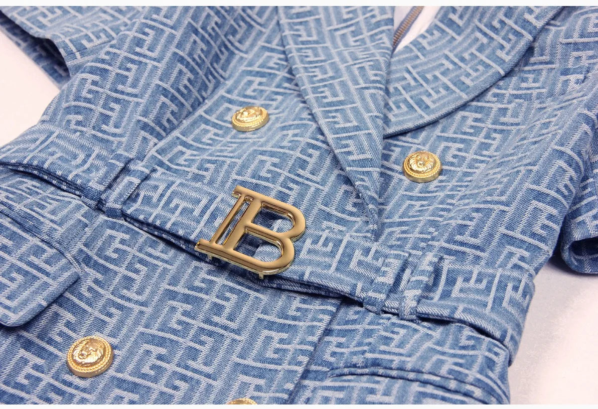 Short Sleevel Notched Retro Geometrical Pattern Washed Denim Women Blazer Slim Dress with Belt