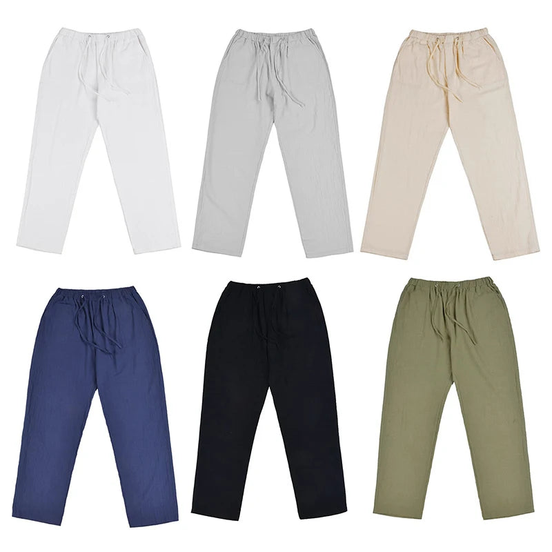 Solid Color Multi-pocket Drawstring Loose Straight Men Pants Comfortable Linen