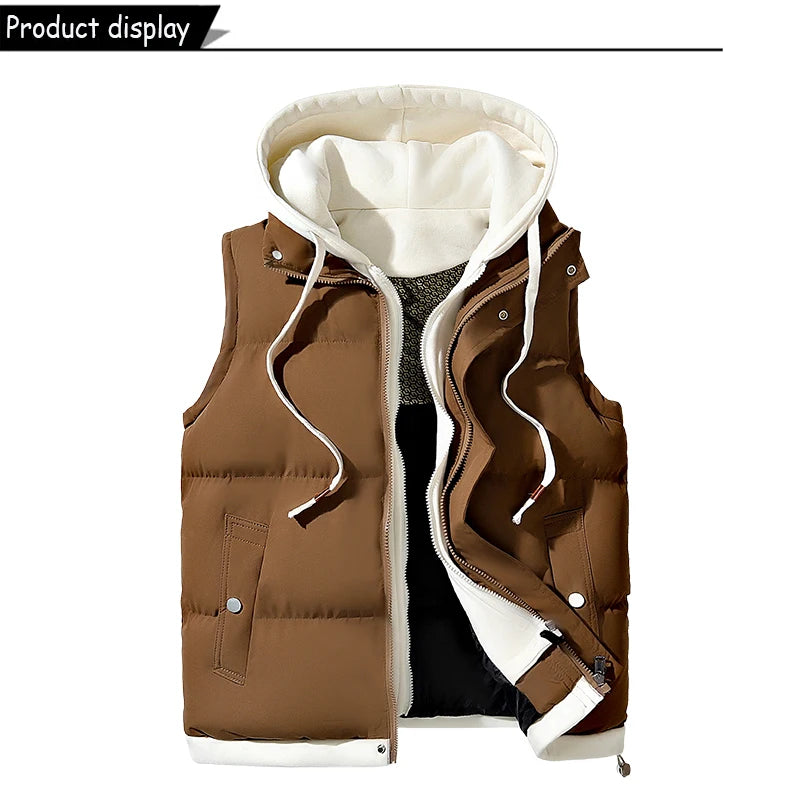 Hots Autumn Winter Men Outdoor Windproof Thick Warm Vest Men Hooded Sleeveless Waistcoat Casual Fashion Zipper Brand Vest Male