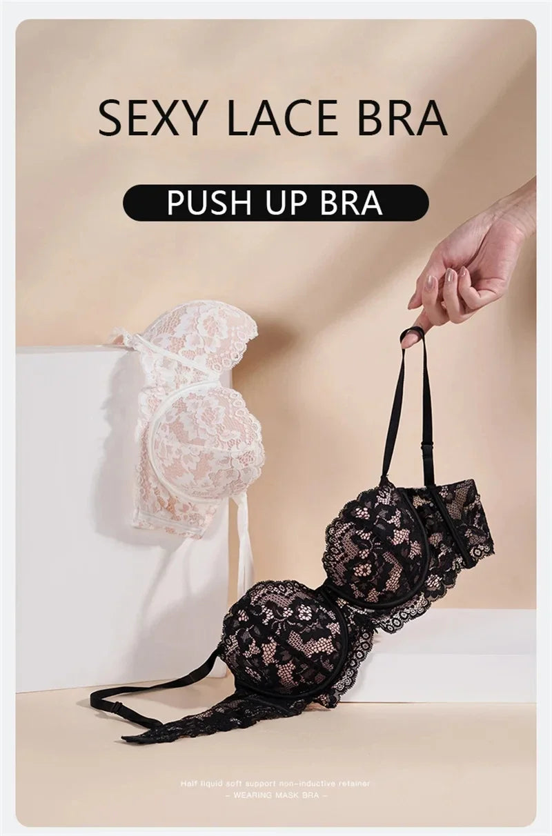 Women Half Cup Push Up Soft Lace Bra with Removable Straps