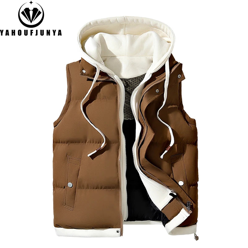 Hots Autumn Winter Men Outdoor Windproof Thick Warm Vest Men Hooded Sleeveless Waistcoat Casual Fashion Zipper Brand Vest Male