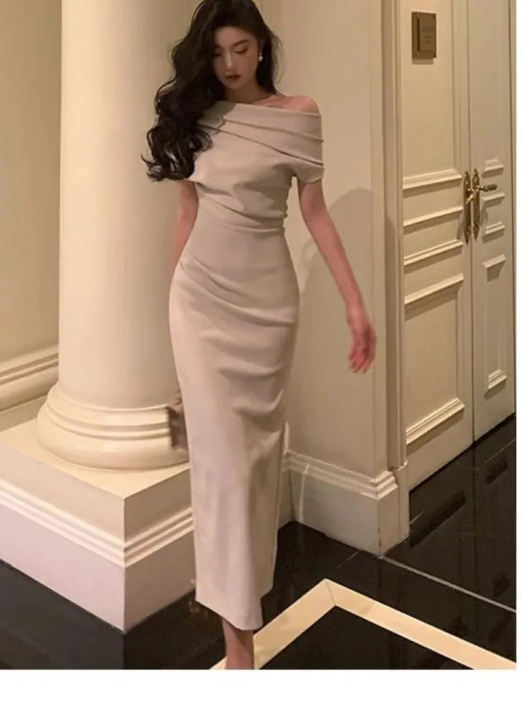 Elegant Solid Bodycon Evening Party Dresses for Women Fashion Off Shoulder