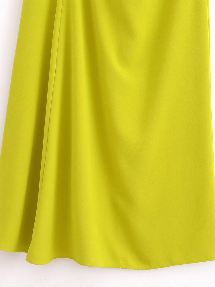 Women Elegant Mustard Sleeveless Midi Dress with Side Gathering Round Neck Back zip Summer Dresses for Female