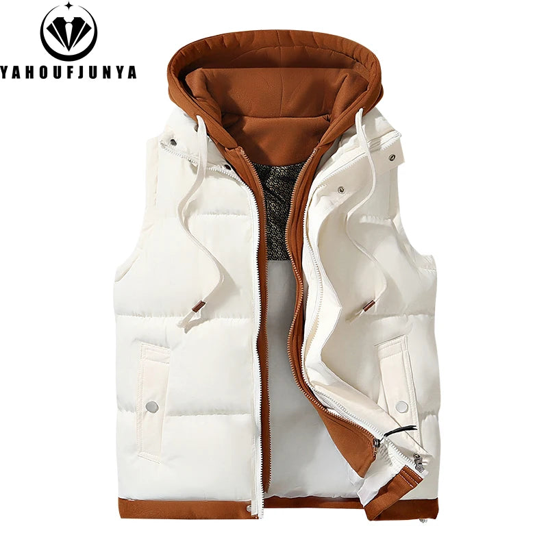 Hots Autumn Winter Men Outdoor Windproof Thick Warm Vest Men Hooded Sleeveless Waistcoat Casual Fashion Zipper Brand Vest Male