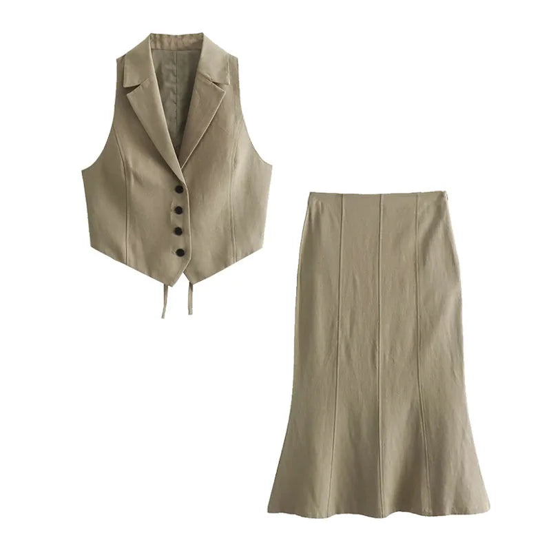 TRAF 2024 Woman Fashion Summer Solid Khaki Suit Turn-Down Collar Sleeveless Lace-Up Waistcoats+High Waist Zipper Skirts Street