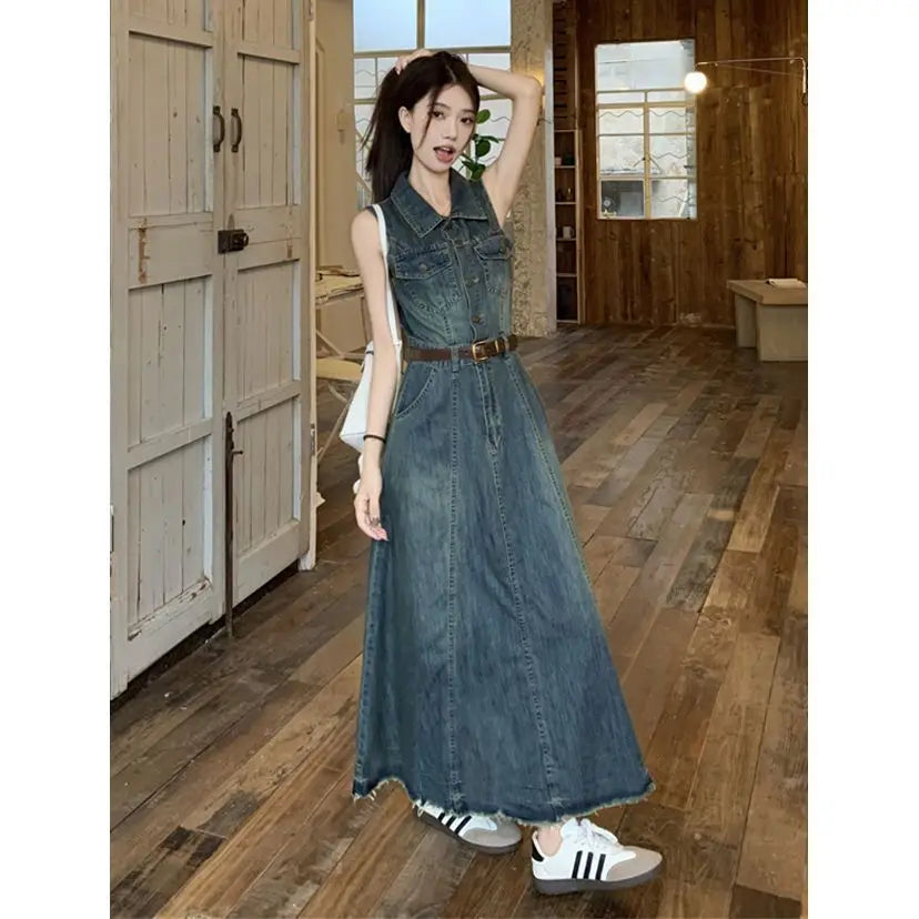 Women's Sleeveless Denim Vest Dress, Long Skirt, Casual Dresses, Summer