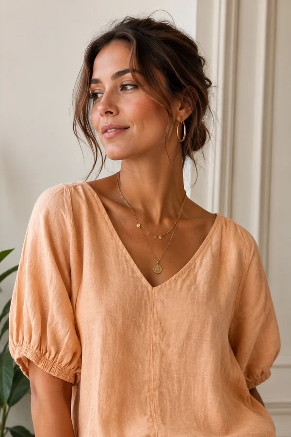 🍑 Soft V-Neck Balloon-Sleeve Top
